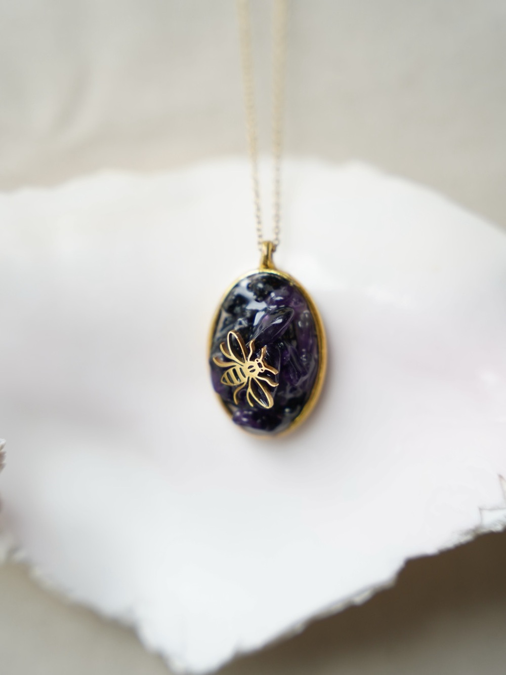 Handmade Amethyst Bee Necklace | Real Crystal Pendant | Gold Bee Charm Jewelry